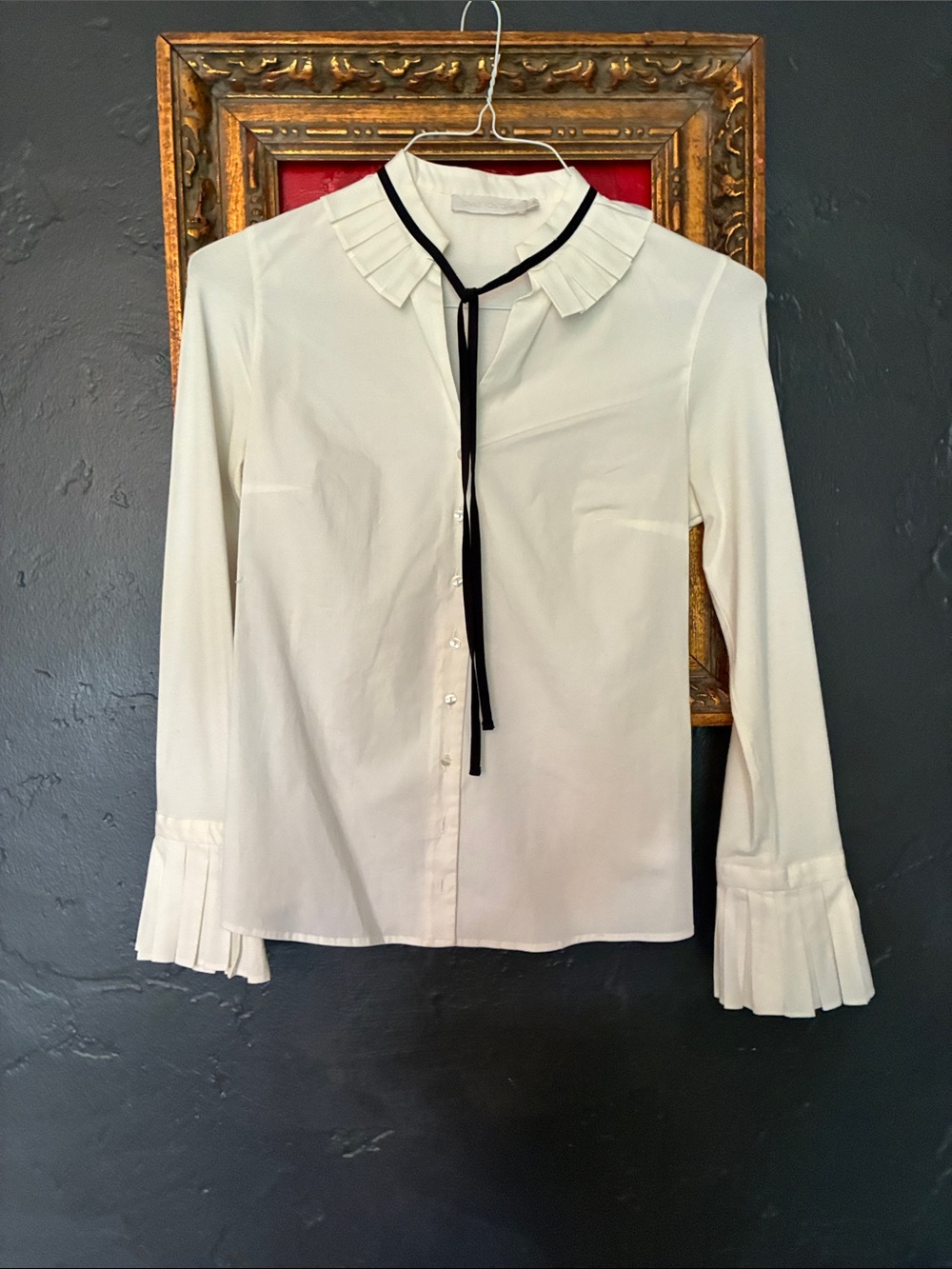 Anne Fontaine Ivory Pleated Collar Blouse with Black Tie